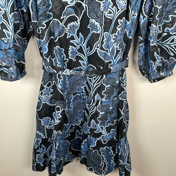 Parker Jenna Puff Sleeve cotton tiered tie waist mini dress dark floral large - Picture 5 of 9